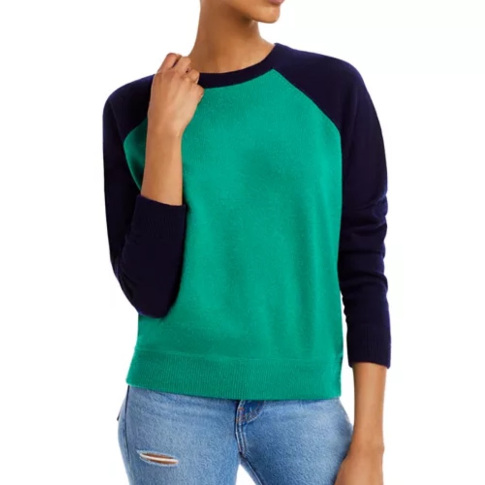 Cashmere Color Block Raglan Sweater in Green and Blue Aqua Cashmere X-Small